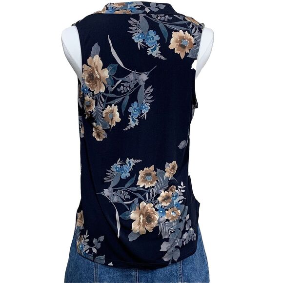 Beacon Sleeveless Floral Blouse Size Small Made In USA Navy Blue Stretch - Picture 3 of 6
